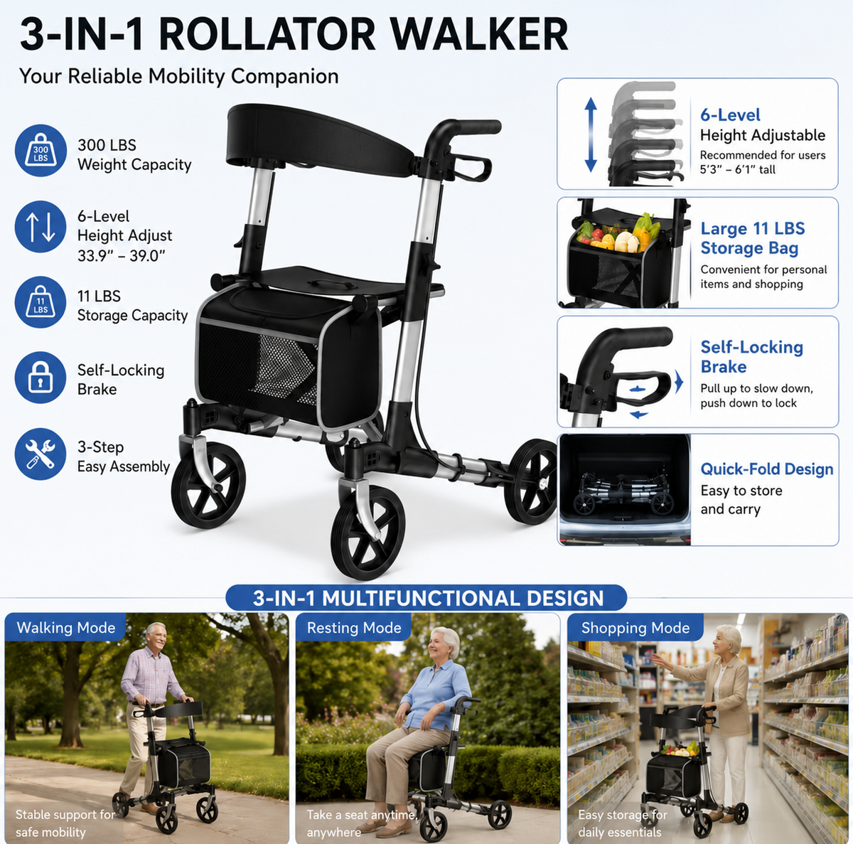 Halewalk 3-in-1 Rollator Walker with Seat